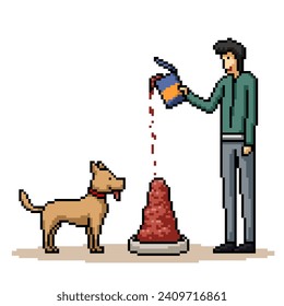 pixel art of man overfeed dog