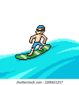 pixel art of man play surfboard