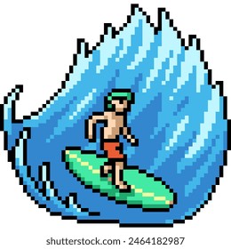 pixel art of man play surfboard isolated background