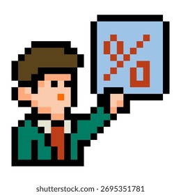 Pixel Art Man zeigt Diagramm