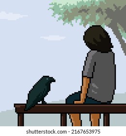 pixel art of man sitting lonely