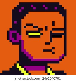 Pixel art man squinted eye, suspicious male character 8-bit, 80-s, avatar, guy face, cartoon vector icon, game user, web profile persons, people, social net portrait. 