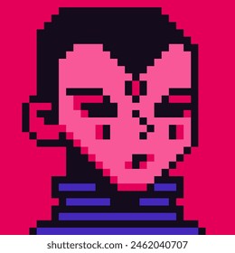 Pixel art man, strange male character 8-bit, 80-s, alien avatar, guy face, NFT, cartoon vector icon, game user, web profile persons, people, social net portrait. Non-fungible token.