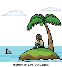 pixel art of man stuck on island
