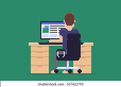 Pixel art man, student sitting by the table with computer display in home outfit