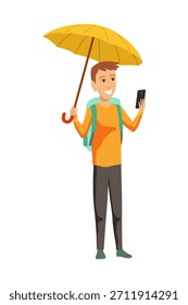 Un pixel art de un hombre con un paraguas y un teléfono celular