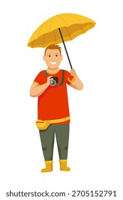 Un pixel art de un hombre con un paraguas que toma una imagen