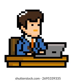 Pixel Art Man Using Laptop