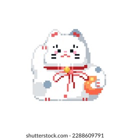 Pixel art maneki neko icon. Vector 8 bit style illustration of lucky japanese cat. Cute decorative traditional element of retro video game computer graphic for game asset, sprite, sticker or web.