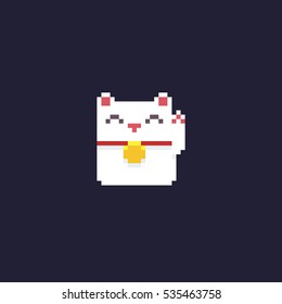 Pixel art maneki neko kitten isolated on dark background