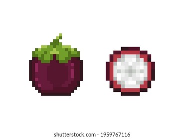 Pixel art mangosteen icon set. Pixel retro game mangosteen and half mangosteen icons. 8 bit or 16 bit style mangosteen for game or web design. Flat cute pixel fruit or berry vector.