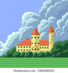 pixel art of mansion on hill