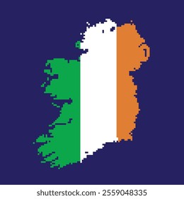 pixel art map of ireland country with irish flag colors, vector illustration on isolated background.