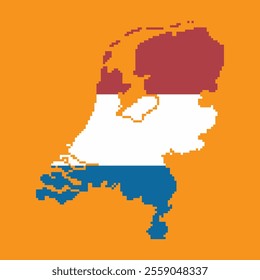 pixel art maps of the netherlands country with the colors of the netherlands flag, vector illustration on isolated background.
