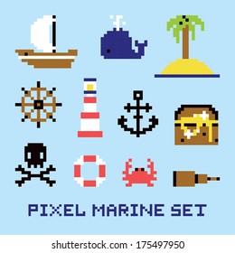 Pixel art marine isolated vector set