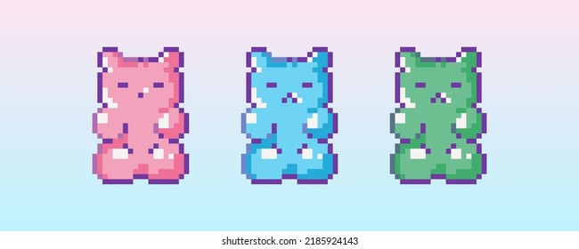 Pixel art marmalade bear icon. 8 bit vector sticker or smile of gummy sweet set in retro 90s gaming style. Mosaic trendy funky pixel pink, blue, green gummy bears sign.