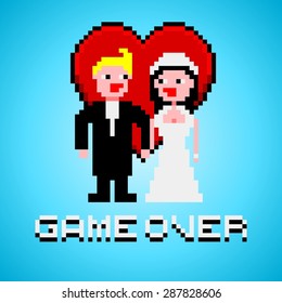 Pixel art with married couple, heart and game over text banner