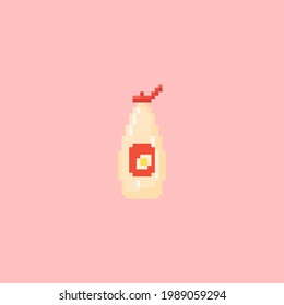 Pixel art mayo (mayonnaise) icon. Vector Retro 8 bit illustration of bottle of mayonnaise. Pixel fast food isolated white mayo bottle. Pixel vector mayo icon for game, sticker, app, web design.