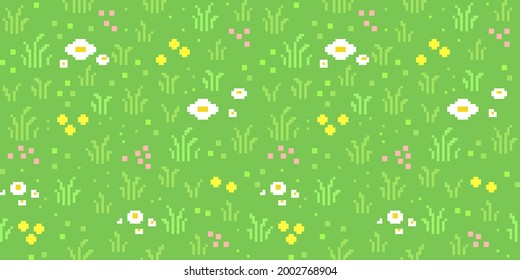 Pixel art meadow with flowers background. Seamless lawn texture backdrop. Vector illustration.