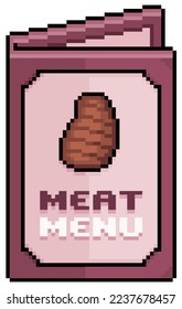 Menú de carne de arte de píxeles, icono vectorial de menú de papel para juego de 8 bits sobre fondo blanco
