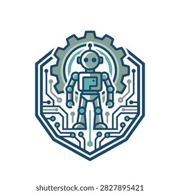 Pixel Art Mechanical Automaton Icon With Gear And Circuitry On Shield Background In Blue And Teal Color Palette