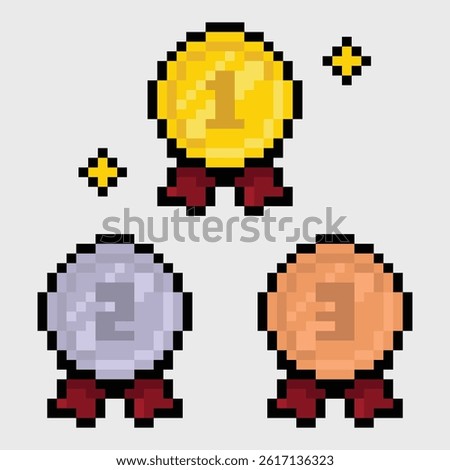 A pixel art medal set featuring gold, silver, and bronze awards with red ribbons—perfect for game achievements, rankings, leaderboards, or reward systems. 