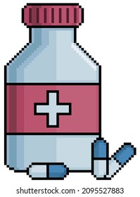 Pixel art medicine bottle with capsules vector icon for 8bit game on white background