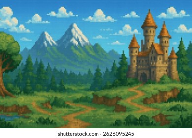 Pixel art medieval castle by a forest river, surrounded by green hills and snowy mountains under a blue sky. Perfect retro 16-bit background for fantasy games and storytelling.