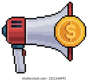 Pixel art megaphone with coin and money vector icon for 8bit game on white background

