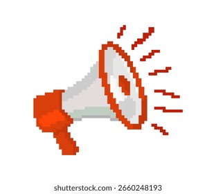 Arte del pixel del Vector del megáfono con efecto de onda de sonido. Icono de altavoz pixelado.