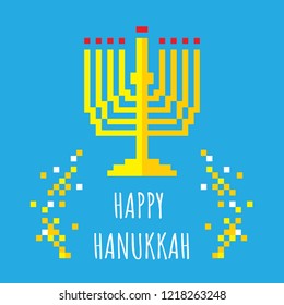 Pixel art. Menorah (traditional candelabra), burning candles, with lettering Happy Hanukkah. Judaic holiday decoration. Greeting card design vector illustration. Tradition religion jewish holiday.