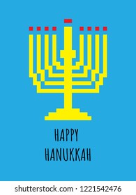 Pixel art. Menorah (traditional candelabra), burning candles, with lettering Happy Hanukkah. Judaic holiday decoration. Greeting card design vector illustration. Tradition religion jewish holiday.