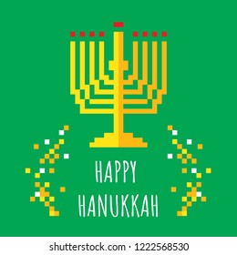 Pixel art. Menorah (traditional candelabra), burning candles, with lettering Happy Hanukkah. Judaic holiday decoration. Greeting card design vector illustration. Tradition religion jewish holiday.