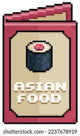 Pixel art menu asian food, paper menu vector icon for 8bit game on white background