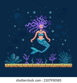 Pixel art mermaid on seabed background. Underwater girl on ocean bottom landscape. 8 bit arcade game location scene.