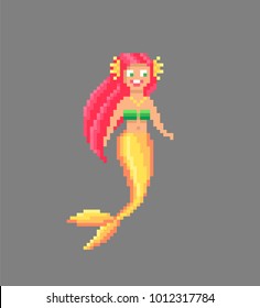 Pixel art mermaid with red hair. Vector illustration.