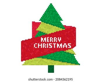 Pixel art Merry Christmas. 8-bit Christmas tree with ribbon in 80s style. Festive design for greeting cards, posters and banners. Vector illustration