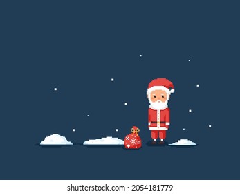 Pixel art Merry Christmas and happy new year 2022 greeting card with cute Santa Claus, Snow drifts and snowflakes. 8 bit style background with Santa Claus character for holidays. Vector pixel winter.