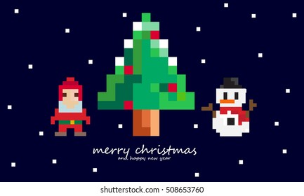 Pixel art. Merry Christmas and Happy New Year Card.