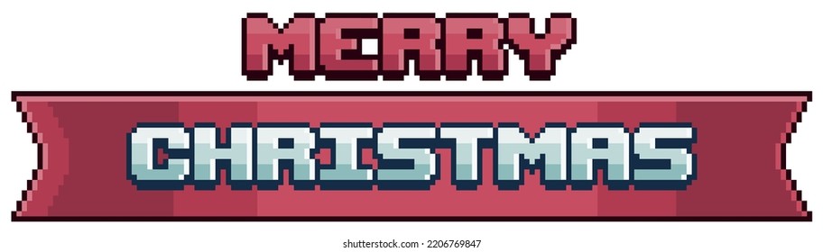Pixel art merry christmas on red banner. Christmas ribbon vector icon for 8bit game on white background