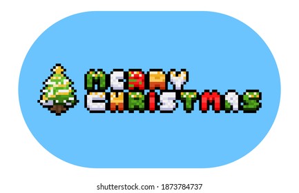 Pixel art merry christmas text design with christmas tree.