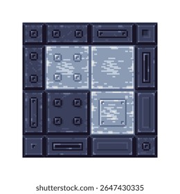 Pixel art metal floor tile set, industrial sci-fi style in 8-bit pixel design, grungy metal with bolts, plates, varied textures in grey-blue tones, spaceship floors, sci-fi bases, dystopian game.