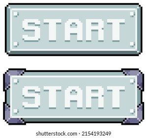 Pixel art metallic style start button vector icon for 8bit game on white background
