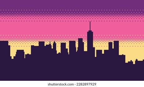 Pixel art metropolis with skyscrapers in the evening. A large city in the morning. Vector background.