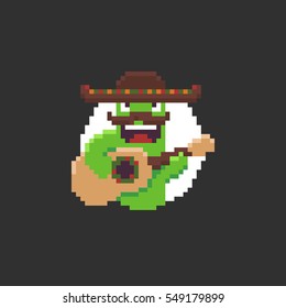 Pixel art mexican cactus character with sombrero and guitar