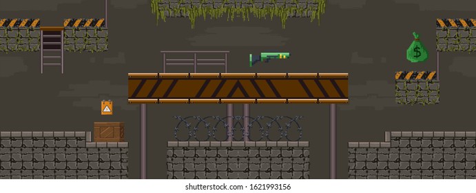 Pixel art military shooting objects for game vector illustration. Template of underground tunnel with stairs and obstacles flat style design. Computer games concept