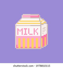 Pixel Art Milk Carton Illustration. Vintage Milk Carton Box In Retro 8 Bit Gaming Style. Pixel Isolated Milk Packet Icon. Vector.