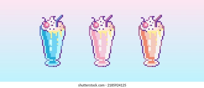 Pixel art milkshake cocktails icon set. 8 bit vector sticker or smile of milkshake cocktails in retro 90s gaming style. Mosaic trendy funky pixel soft ice cream sign.