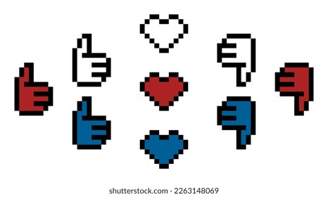 pixel art minimal web icons set with like, dislike, heart (white, red, blue color)