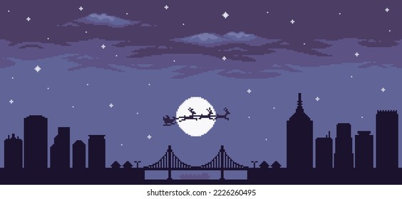 
Pixel art minimalist cityscape at night with Santa Claus flying in the background christmas scene for 8bit game